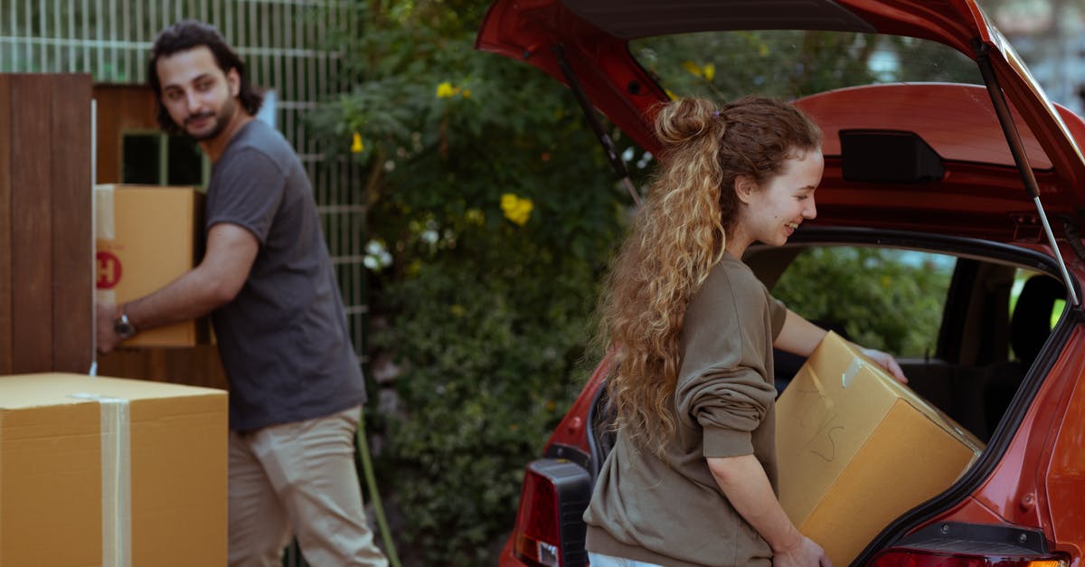 How do I get the new pets, Orby and Asmody? - Couple getting carton boxes out of red car while relocating in new home