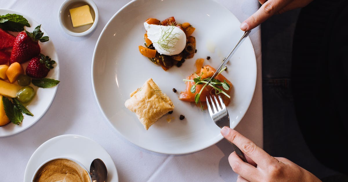 How do I keep my animals from eating my people food? - Top view of crop anonymous person having tasty appetizing breakfast with fork and knife having hot aromatic coffee