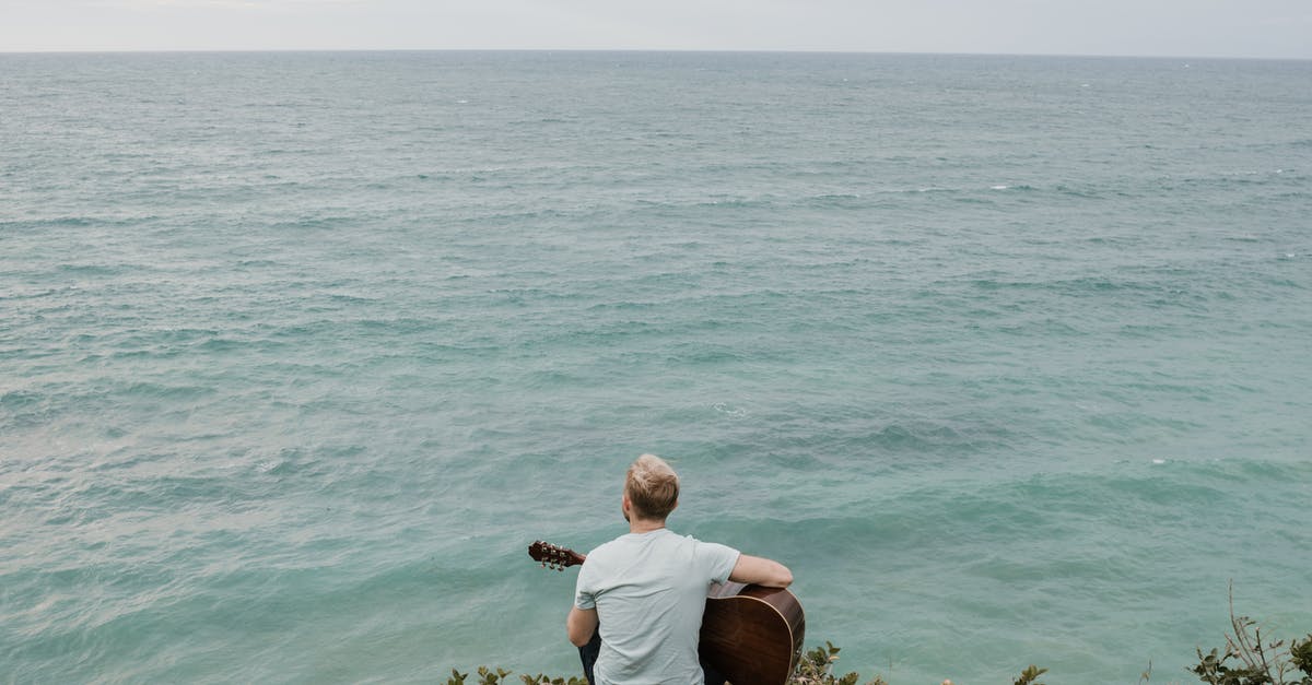 How Do I Play Forza Horizon 4? - Anonymous male traveler playing guitar on rocky seashore
