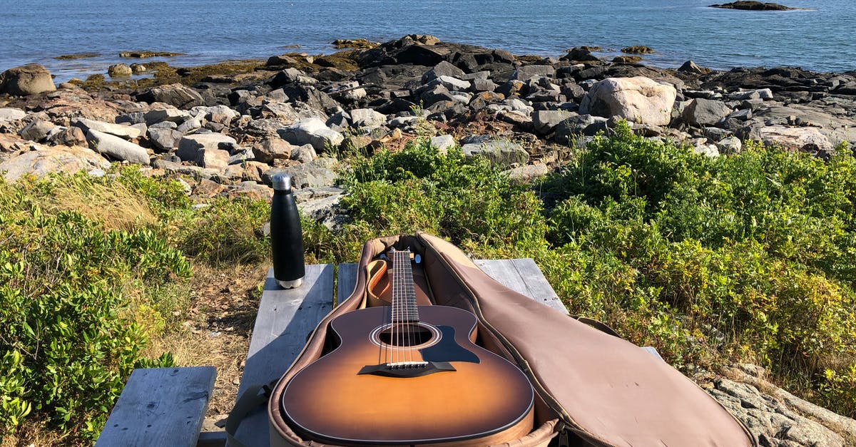 How Do I Play Forza Horizon 4? - Acoustic guitar in case placed on wooden table on stony coast washed by blue rippling sea on sunny summer day