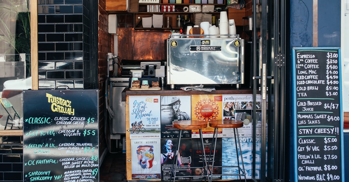 How do I sell equipment? - Street cafe counter with signboards