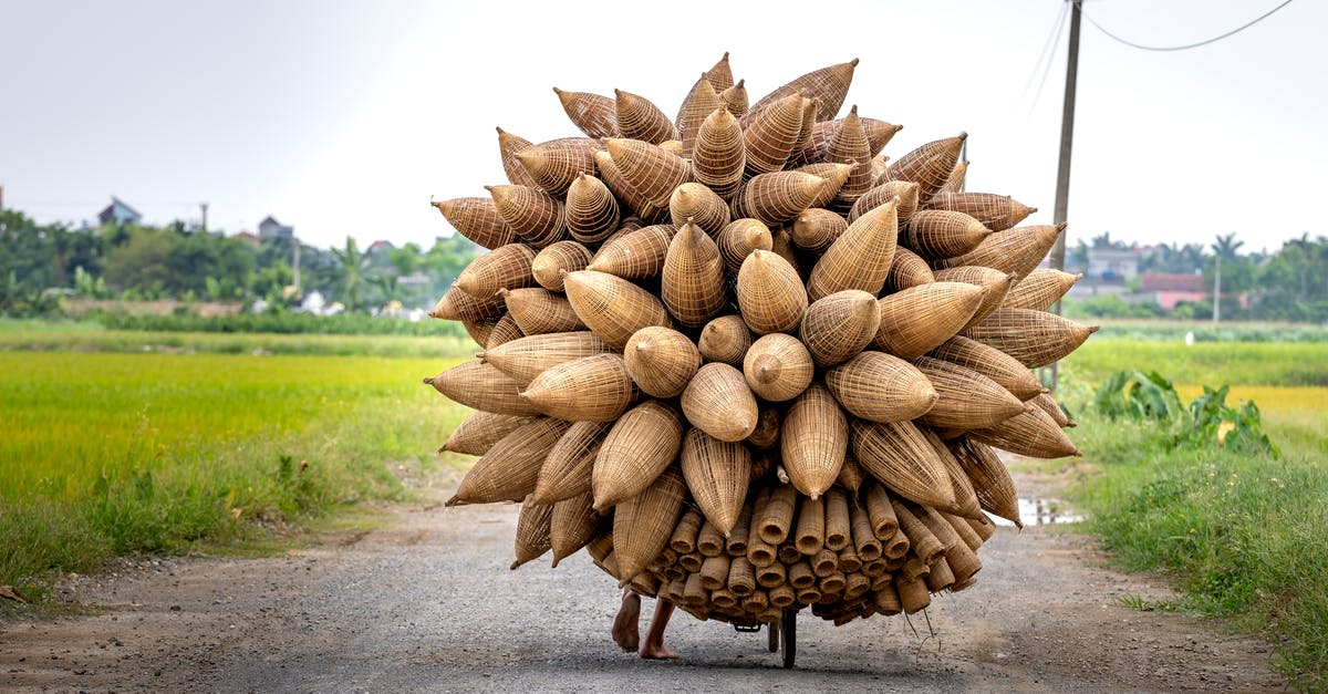How do I sell equipment? - Bicycle carrying heap of handmade bamboo fish traps on road among fields with green grass in countryside in daytime