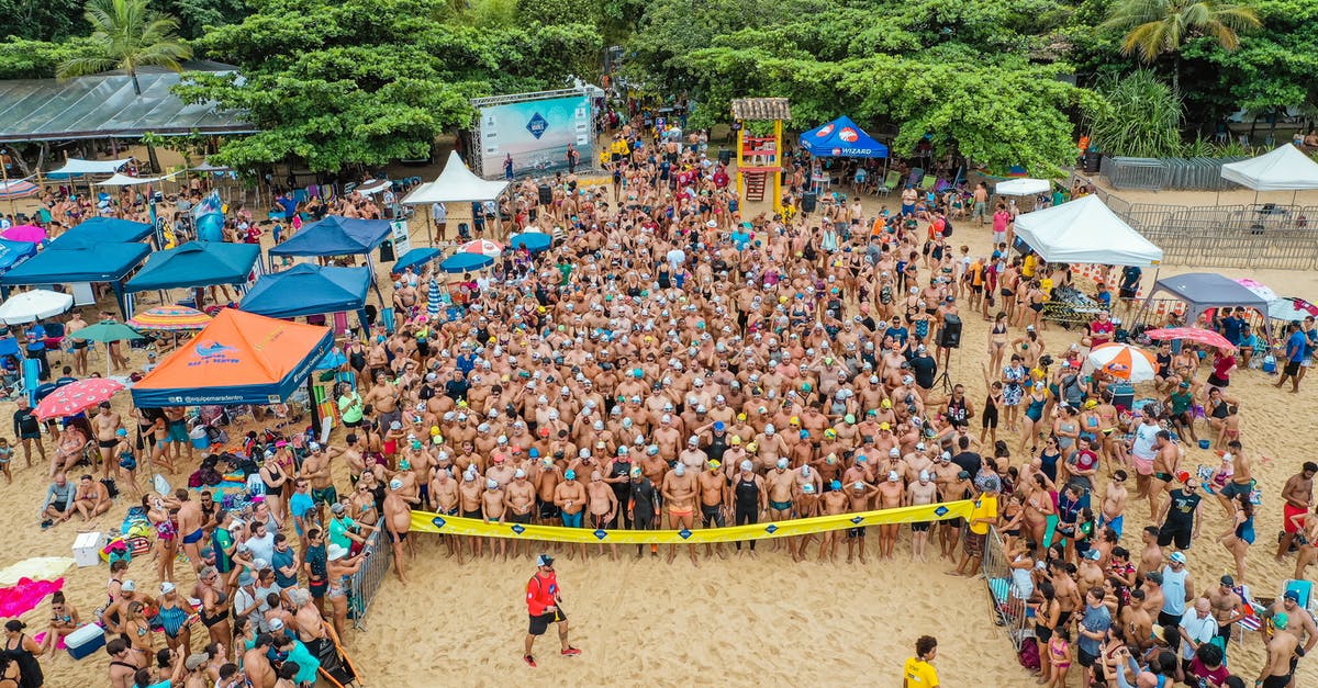 How do I start the crossbow challenge? - Drone view of sportive people in swimsuits standing behind line tape on seashore preparing for swim challenge in sea