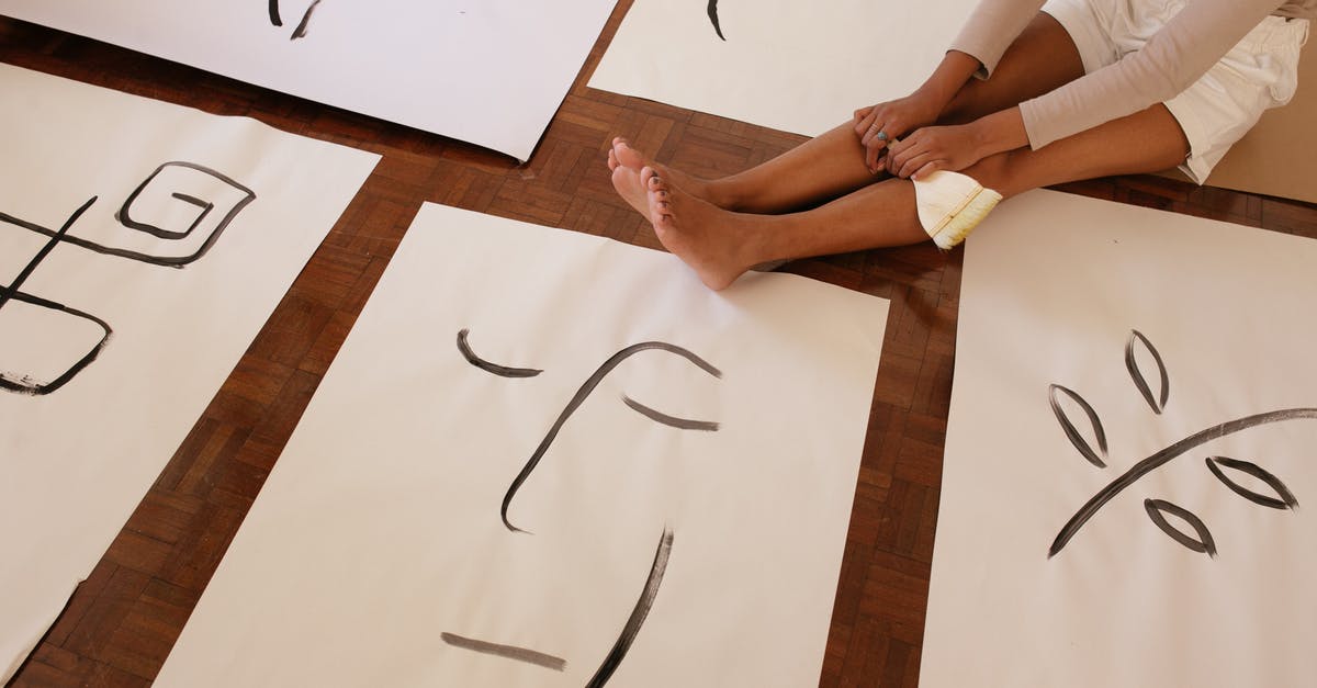 How does Live Painting skill work? - From above of faceless barefoot casually dressed woman with brush sitting on floor while placed artworks in abstract style How does Live Painting skill work? - From above of faceless barefoot casually dressed woman with brush sitting on floor while placed artworks in abstract style