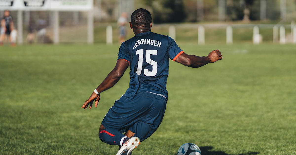 How does the stamina store work on Flick Kick Football Legends? - Back view unrecognizable African American football player kicking ball on outdoor grassy field during match on summer day