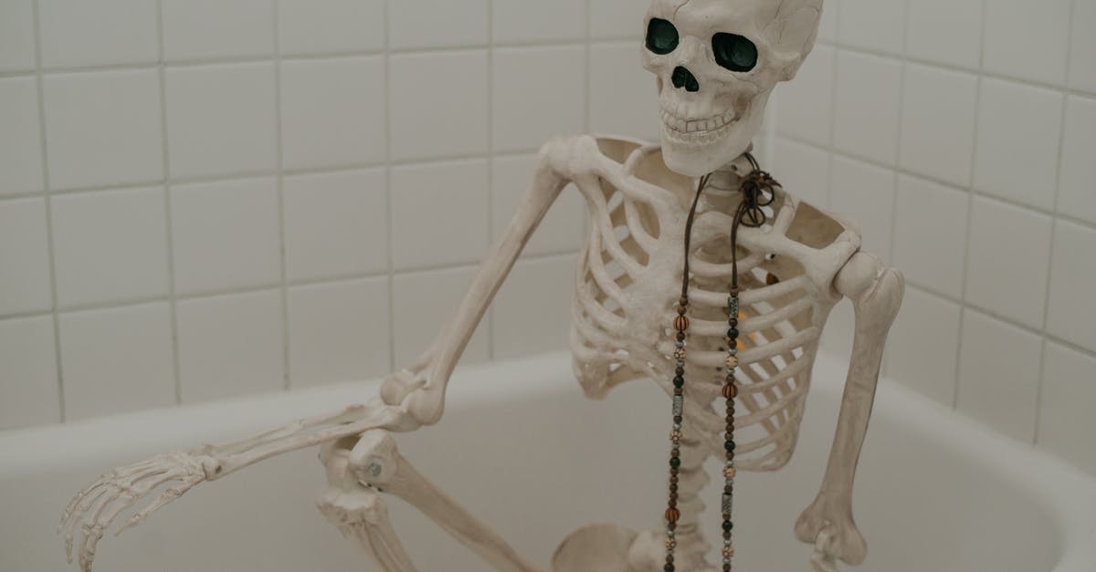 How long does it take for a dead body to disappear? [duplicate] - White skeleton with long chaplet sitting in bath without water in bathroom with white tiles on wall