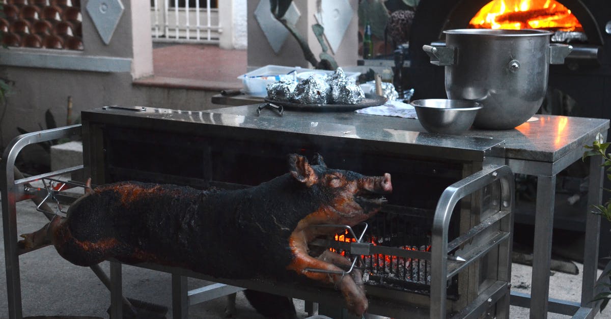 How long raw, roasted, salted, smoked or dried fish/meat each lasts in the cellar? - Whole smoked pig on broach near metal table with various utensils in yard of countryside house