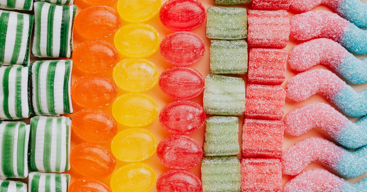 How many candies can a villager eat before moving slower than guards? - From above of various delicious jelly and caramel sweets arranged in rows by type and color in modern candy store