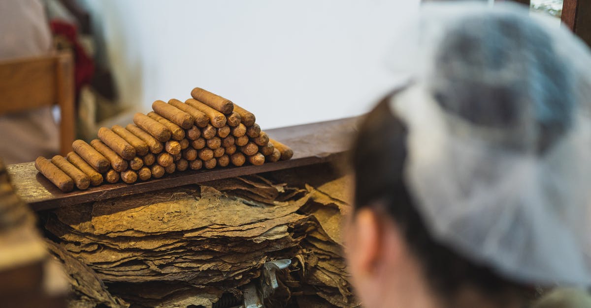 How many caps do I really need? - From above back view of crop anonymous female employee in transparent cap preparing tobacco near stack of cigars in fabric