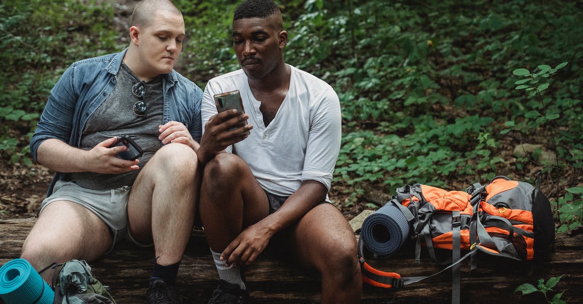 How much does Signal Jamming increase scanning times by? - Full body of concentrated multiracial male hikers surfing internet while resting on old brown horizontal log in forest in daytime