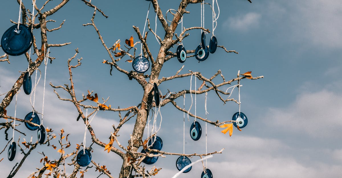 How much luck from recoding an existing &Lambda; character? - From below of traditional blue eye shaped nazar amulets protecting form evil eye hanging on leafless tree branches against cloudy blue sky in Cappadocia