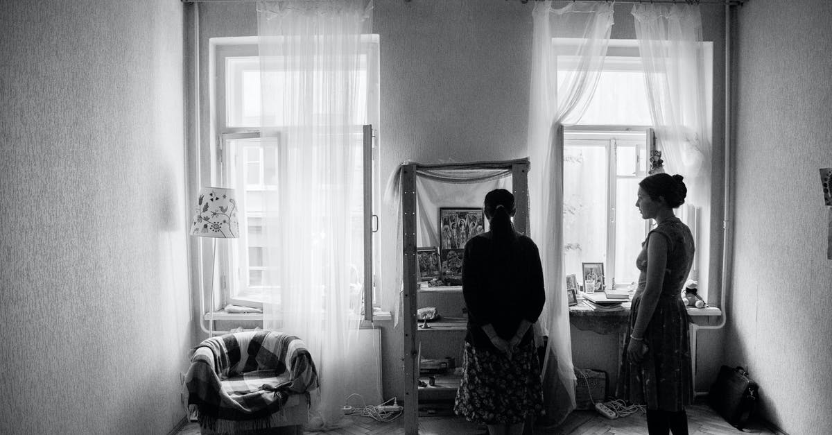 How often should I visit to see whether Tubbs will lounge on the giant cushion? - Black and white of anonymous women discussing pictures on shelf in living room with armchair