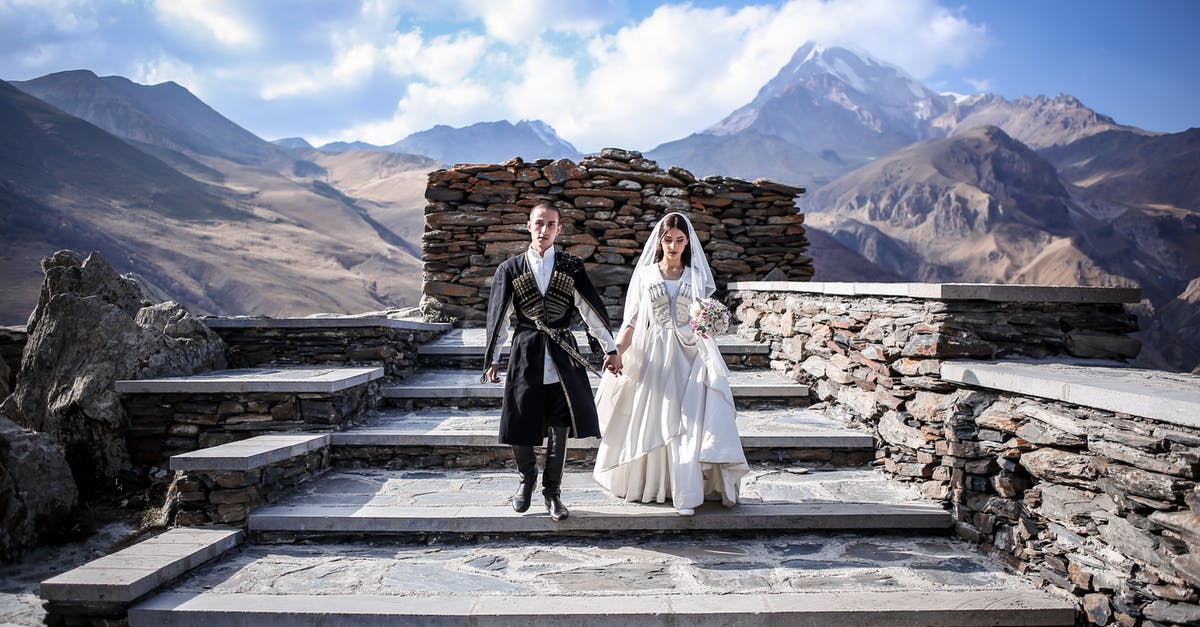 How to affect timescale (month length) in Dwarf Fortress> - Gorgeous Georgian couple in wedding suits on steps