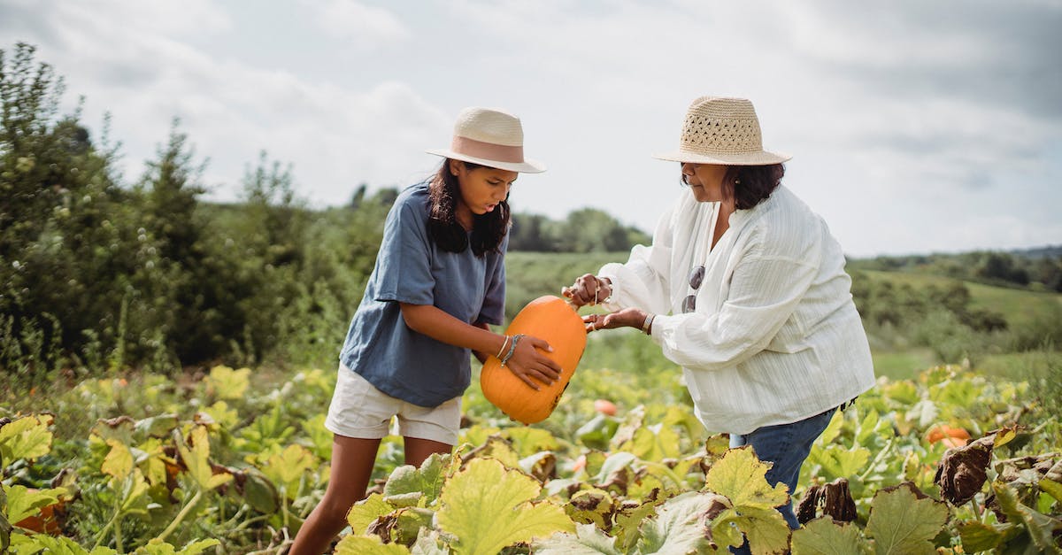 How to farm non-respawnable bosses (Pre Respawnable bosses patch - Xbox 360) - Full body of female farmer in casual clothes and young Latin American girl working in pumpkin field