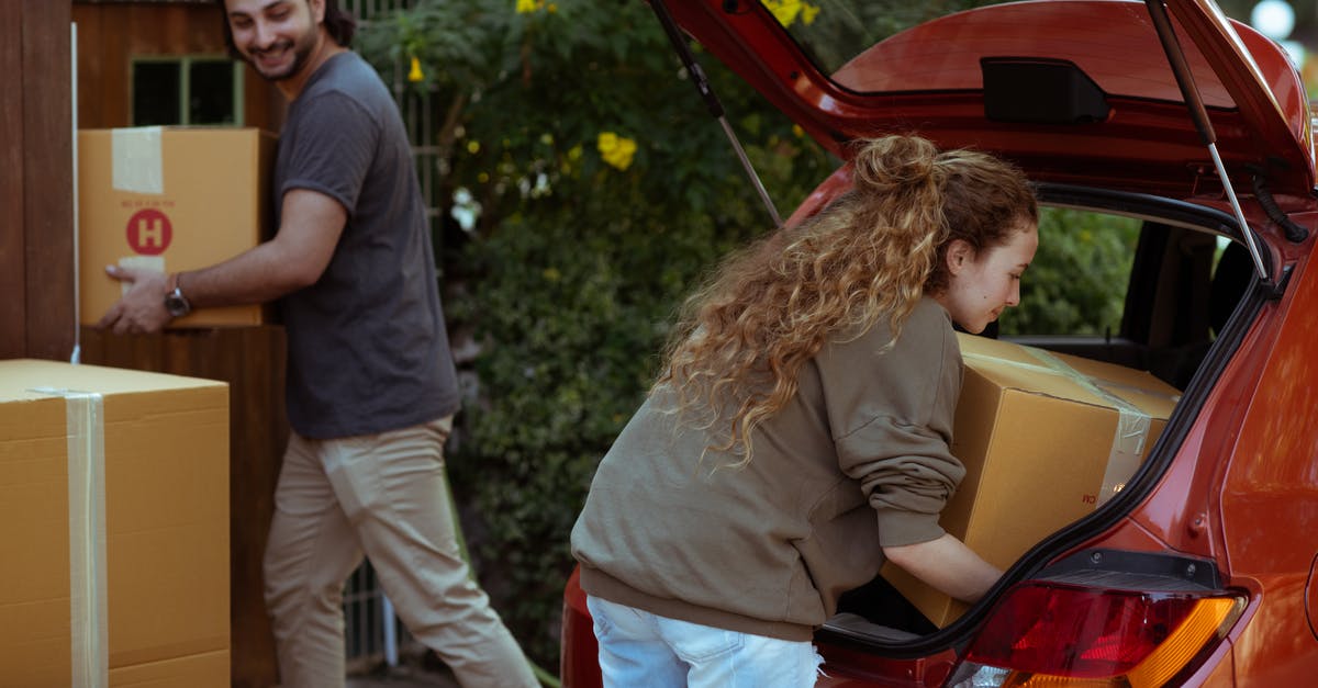 How to get new Kinsects? - Young woman with curly hair getting carton box out from trunk of automobile while cheerful ethnic man carrying box into new home in suburb or countryside area