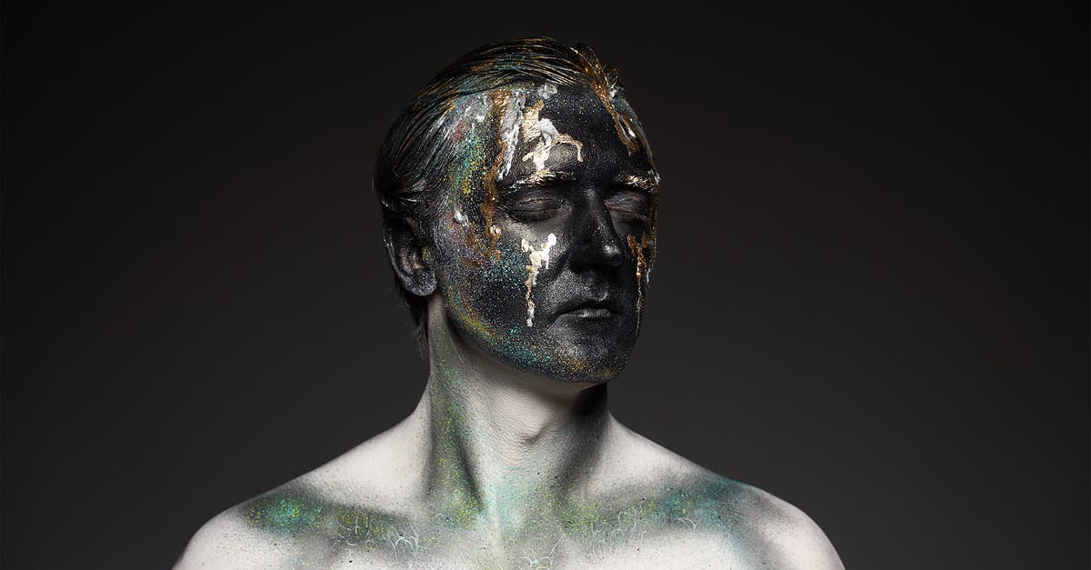 How to hide Unique Characters? - Calm male model with closed eyes and painted face and body against black background How to hide Unique Characters? - Calm male model with closed eyes and painted face and body against black background