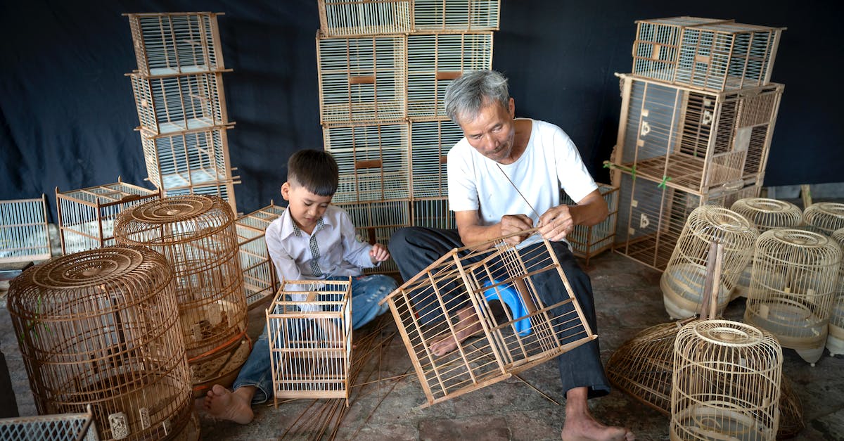 How to make Kenny, Ben, Christa and Omid help me find Clementine? - Aged ethnic craftsman with gray hair creating handmade souvenir bird cages while little grandson helping and picking wooden bamboo sticks