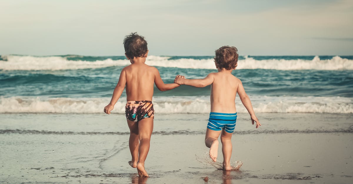 How to quickly enrage a wave many times - Back view of anonymous shirtless little brothers holding hands and walking on wet sandy beach towards waving ocean during summer holidays How to quickly enrage a wave many times - Back view of anonymous shirtless little brothers holding hands and walking on wet sandy beach towards waving ocean during summer holidays