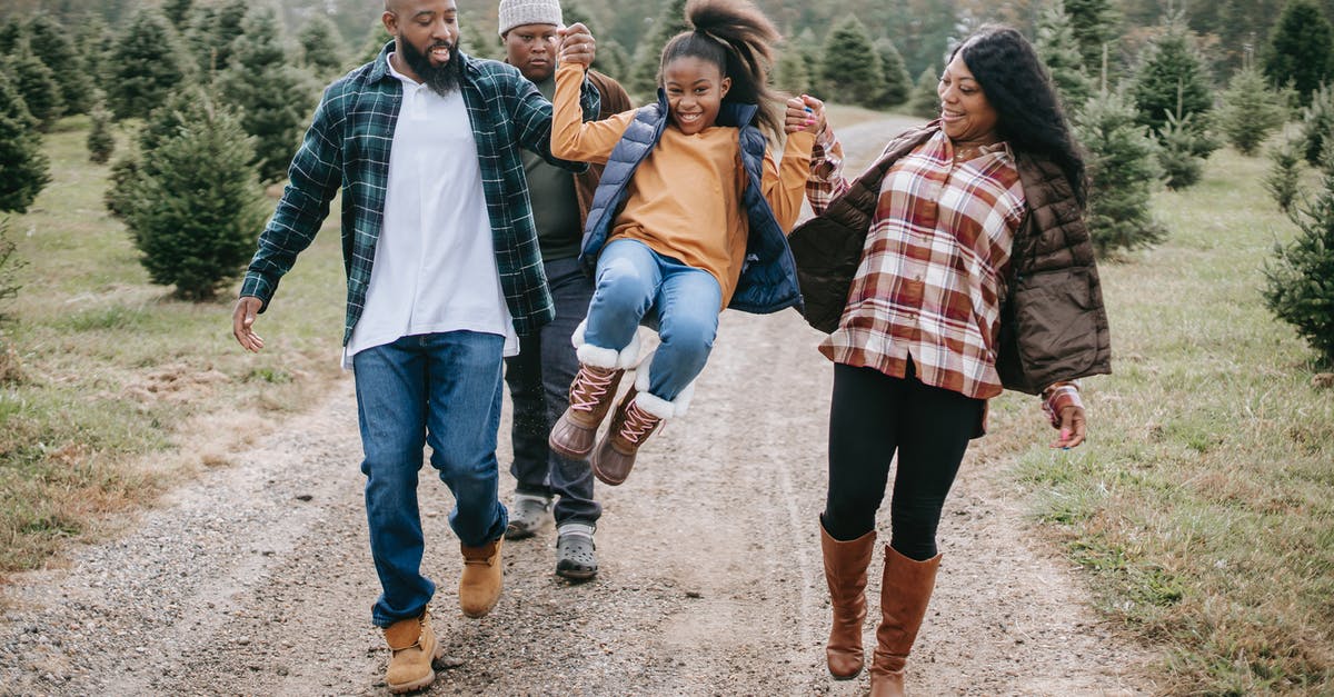 How to raise max sanity? - Ethnic parents raising cheerful girl on tree farm roadway How to raise max sanity? - Ethnic parents raising cheerful girl on tree farm roadway