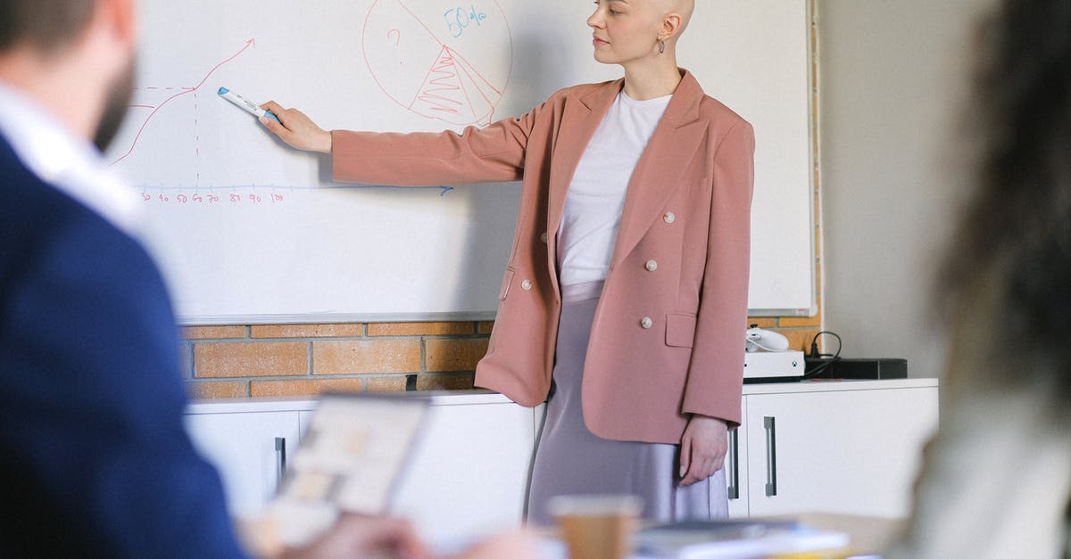 How to show stats info on HUD? - Bald female pointing at whiteboard with graphs and schemes in conference room with blurred colleagues during meeting