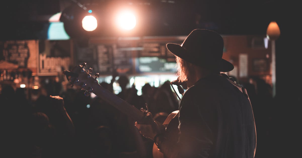 How to tell which party members a skill affects - Back view of anonymous male artist playing acoustic guitar and singing song on stage during concert in dark club