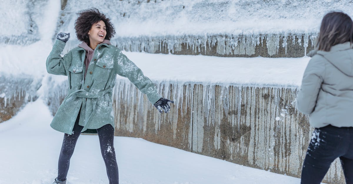 How to /testfor snowball a snowball hitting the ground or mobs? [duplicate] - Laughing female friends in warm clothes standing near stone wall covered with snow and playing snowballs in winter