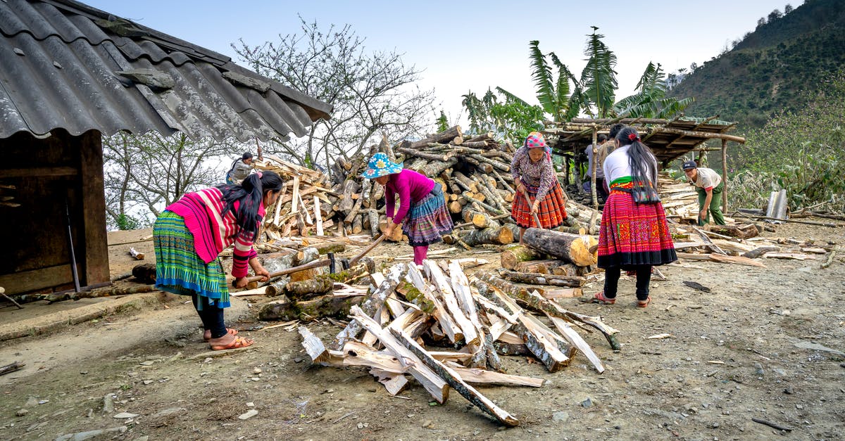 I can't find Chop at my house - Group of local women with axes chopping logs while working in rural area near shabby house in countryside against grassy hill