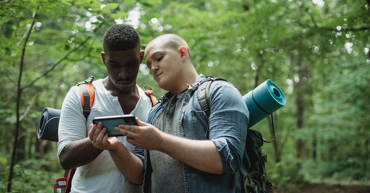I can't log into Pokemon GO because of "GPS signal not found" message - Focused multi ethnic backpackers watching smartphone while finding location in woodland in daytime on blurred background