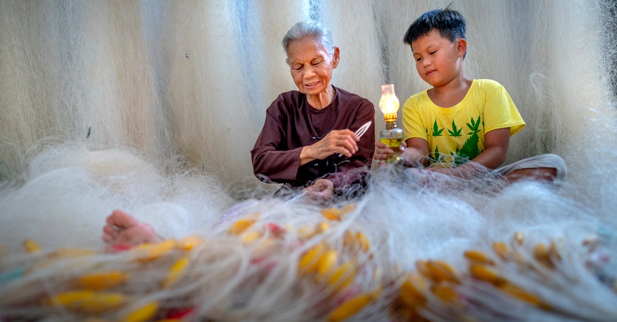 I can't make a nether portal in MCPE 12.1 - Focused elderly barefoot ethnic grandma with needle mending fishing net against boy with kerosene lamp