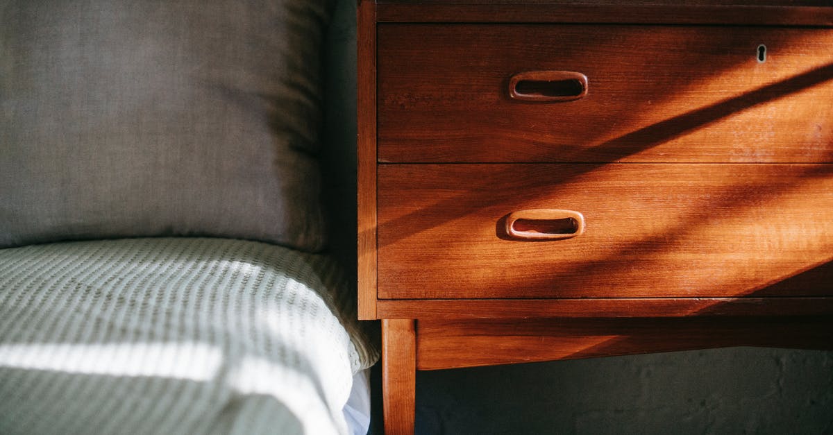 I made it to the ship; now what? - Interior of contemporary cozy bedroom including brown wooden night stand near bed covered with blanket and soft pillow in sun rays I made it to the ship; now what? - Interior of contemporary cozy bedroom including brown wooden night stand near bed covered with blanket and soft pillow in sun rays