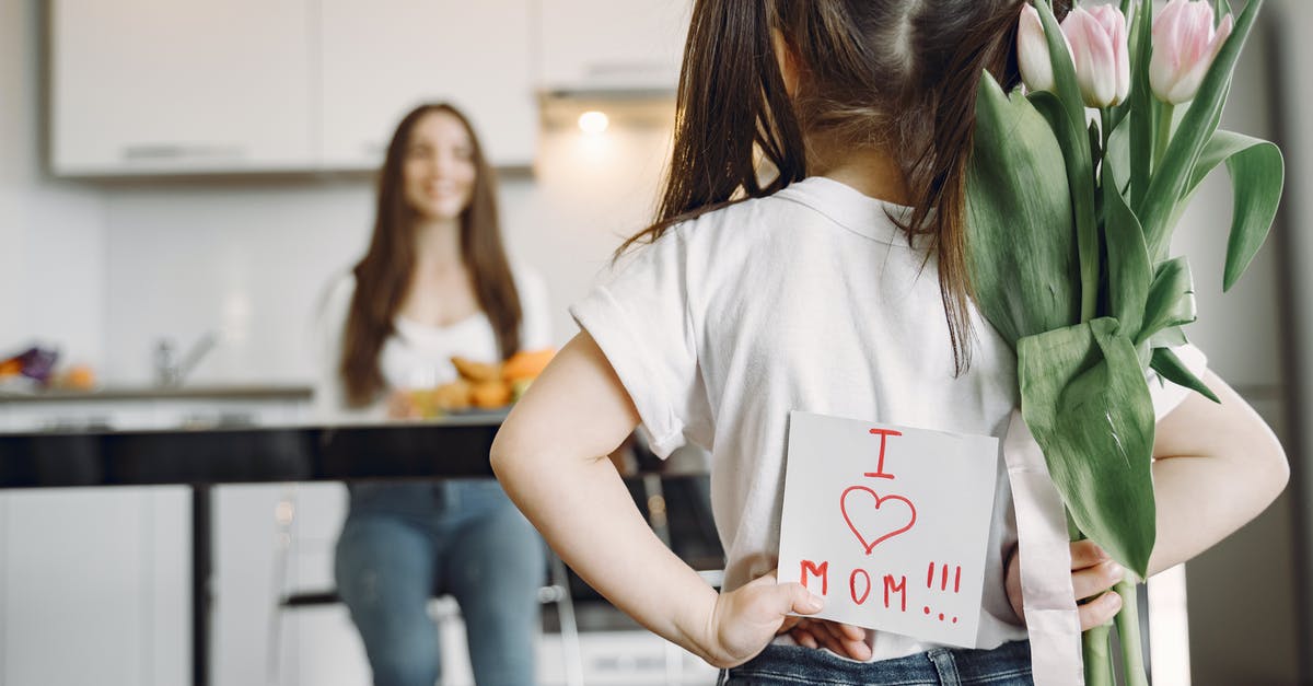 If I switch to Casual or Phoenix mode, will I get my fallen units back? - Back view of little girl with ponytails in casual clothes standing against mother with hands behind back and holding bouquet of tulips and drawing I love mom on kitchen