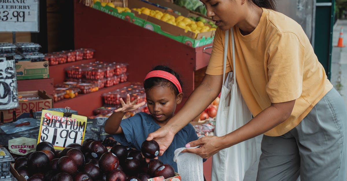 If someone puts an item at another anvil, will the price reset? - Asian woman putting black plum into eco bag while choosing fruits from box in street market with daughter