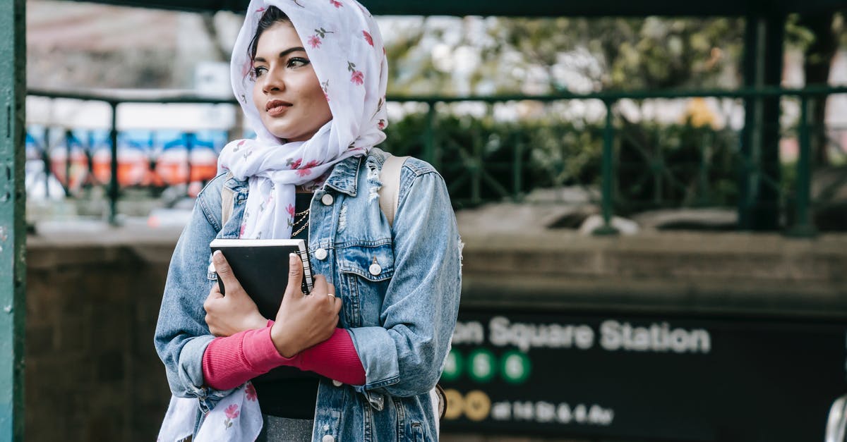 In fallout 4 is the East Boston Police Station Haunted? - Tranquil Muslim female student in trendy clothes and light headscarf standing with black notebook on street near underground passage and looking away