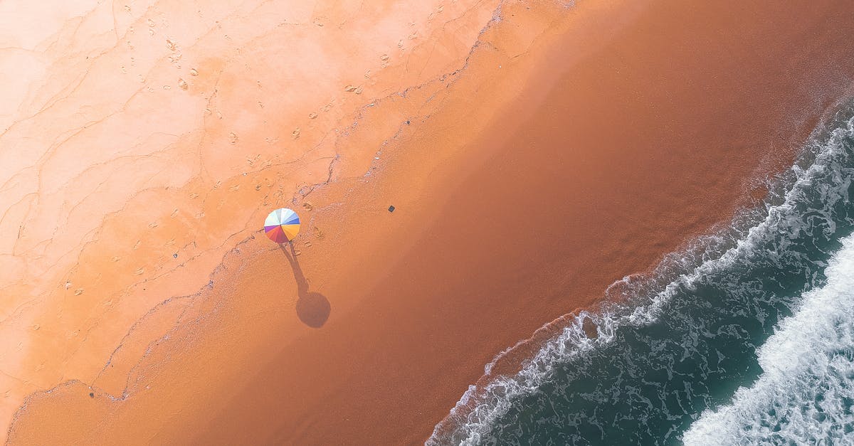In middle of the ocean and can't find land - Aerial view of sandy beach with colorful umbrella in middle near wavy water in summer sunny day In middle of the ocean and can't find land - Aerial view of sandy beach with colorful umbrella in middle near wavy water in summer sunny day