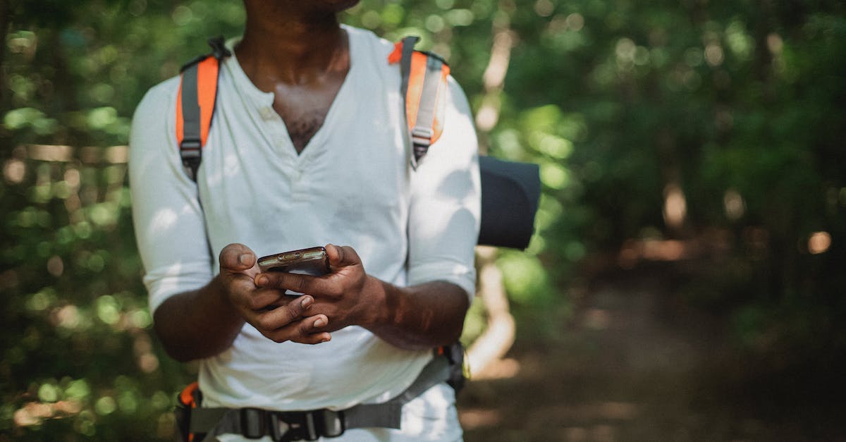Inaccurate GPS location - Crop unrecognizable African American man with backpack and smartphone searching route while going astray in green forest