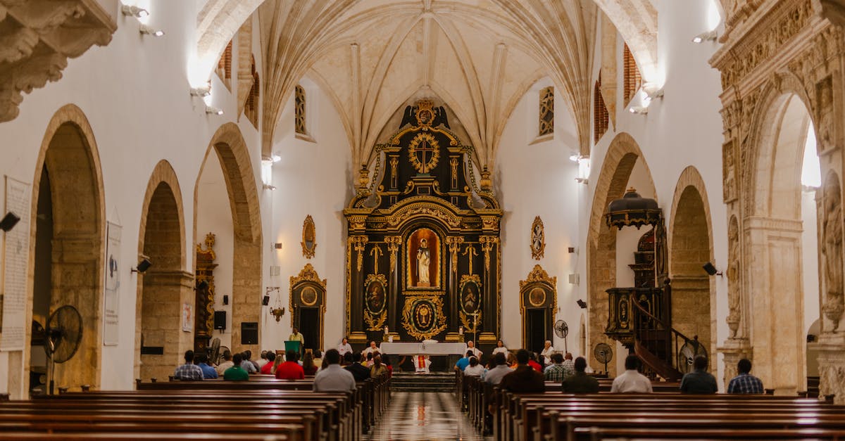 Infusion Altar Symmetry question - Back view of anonymous religious people sitting on wooden pews near corridor and altar in old stone church