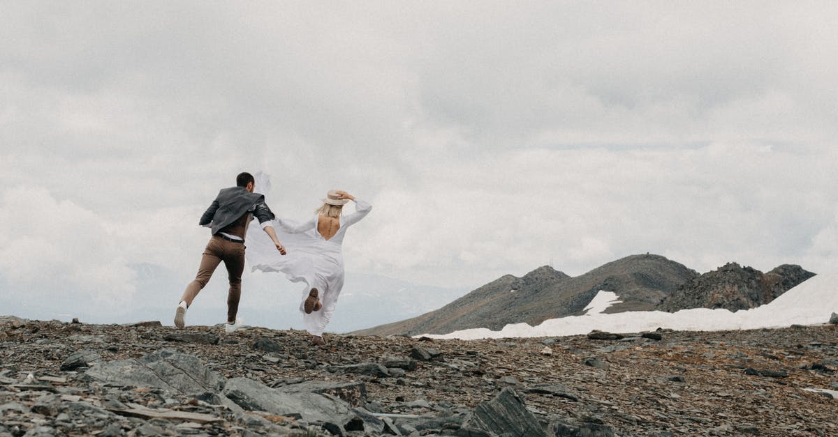 Is it normal to have a 'Can't keep up' event on reload? - Back view of unrecognizable trendy groom catching up bride in white dress on ridge with snow on wedding day