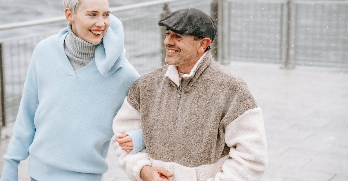 Is there a <10 relationship cap with bachelor/bachelorettes who aren't your spouse? - Cheerful couple in warm clothes talking on pavement against river in city in cold weather