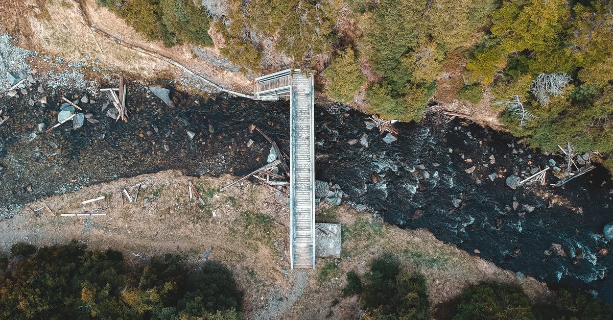 Is there a way through the vine blocked entrance in River Pass? - Drone view new bridge across brook in woodlands Is there a way through the vine blocked entrance in River Pass? - Drone view new bridge across brook in woodlands
