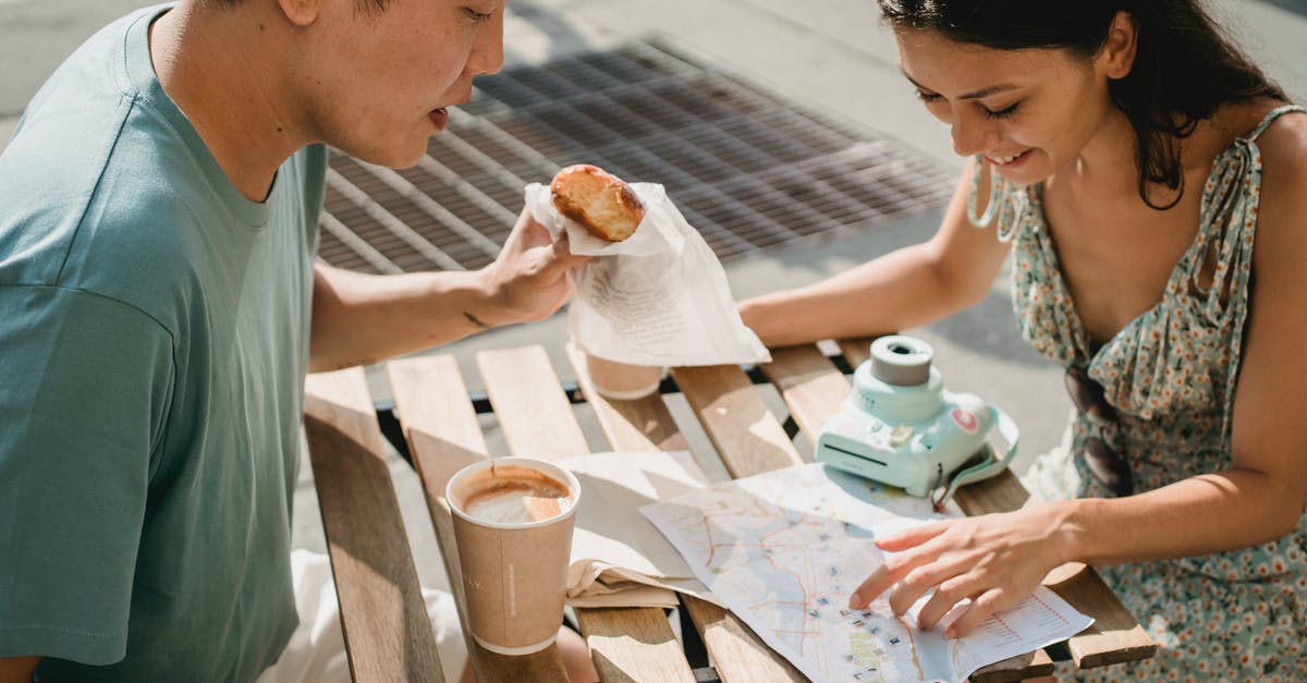 Is there a way to not change camera angles? - Diverse couple having breakfast in cafe while exploring map Is there a way to not change camera angles? - Diverse couple having breakfast in cafe while exploring map