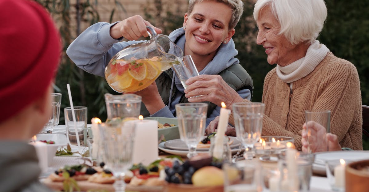 Is there any value in leaving Tubbs to enjoy his meal after he ate it? - Positive lady pouring drink into glass for elderly woman while having dinner with family on terrace Is there any value in leaving Tubbs to enjoy his meal after he ate it? - Positive lady pouring drink into glass for elderly woman while having dinner with family on terrace
