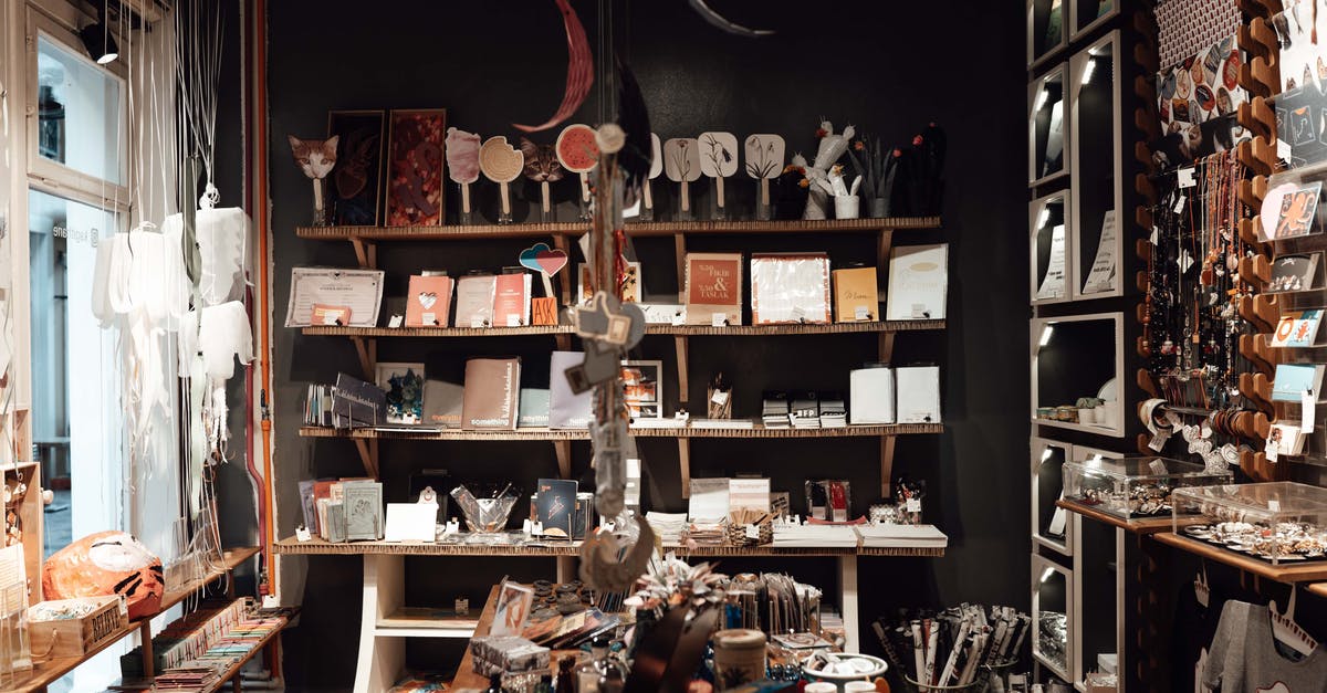 items not hauled to Trade Depot - Aged souvenir shop with various gifts and vintage goods placed on wooden shelves
