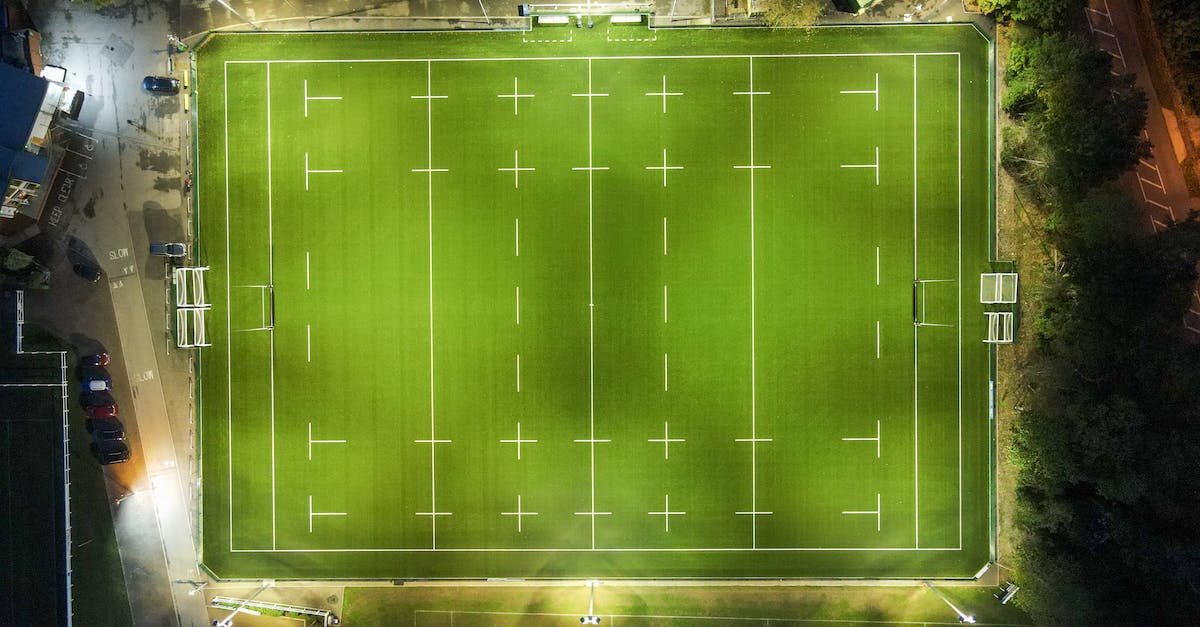 Last night, all the villagers disappeared from the village - Aerial view of green well groomed illuminated rugby field located at roadside in countryside at night