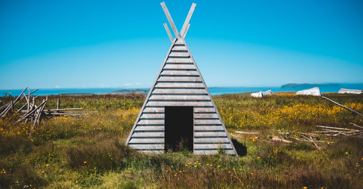 Linked triangle with no field - Old triangle shaped wooden hut located on blooming grassy meadow near endless sea against cloudless sky