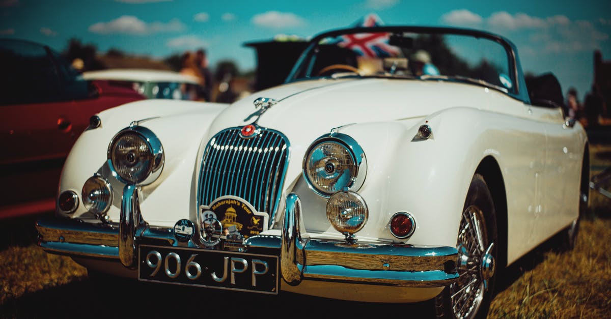 Motor skill: Let speed come naturally? - Luxury white shiny vintage cabriolet car parked on grassy ground against blue sky in countryside Motor skill: Let speed come naturally? - Luxury white shiny vintage cabriolet car parked on grassy ground against blue sky in countryside
