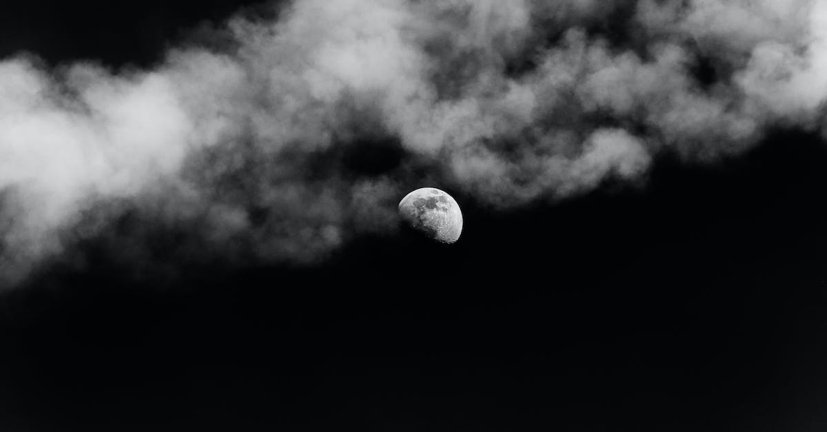 Mun's orbit : clockwise or counter-clockwise - Black and white of shining moon on dark gloomy sky with clouds of smoke Mun's orbit : clockwise or counter-clockwise - Black and white of shining moon on dark gloomy sky with clouds of smoke