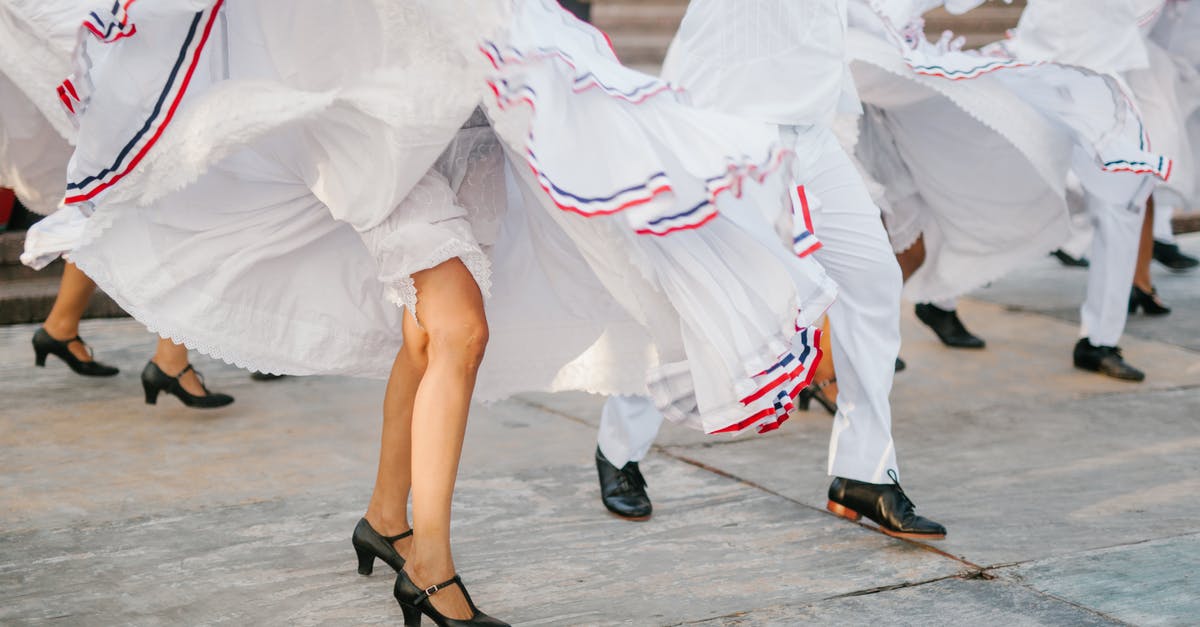 Mute background music from dynamic theme - Crop unrecognizable artists in white costumes dancing on street during festival on sunny day Mute background music from dynamic theme - Crop unrecognizable artists in white costumes dancing on street during festival on sunny day