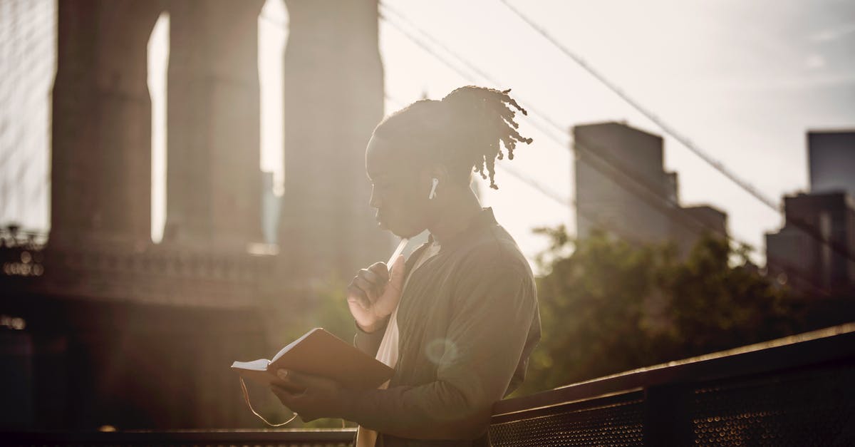 No sound in Cave Story+ - Side view of pensive young black man with braided hairstyle reading book and listening to music with wireless earphones while standing on city promenade against bridge No sound in Cave Story+ - Side view of pensive young black man with braided hairstyle reading book and listening to music with wireless earphones while standing on city promenade against bridge