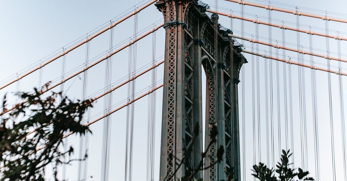 Own two colonial nations in the same area - Fragment of Manhattan Bridge against blue sky