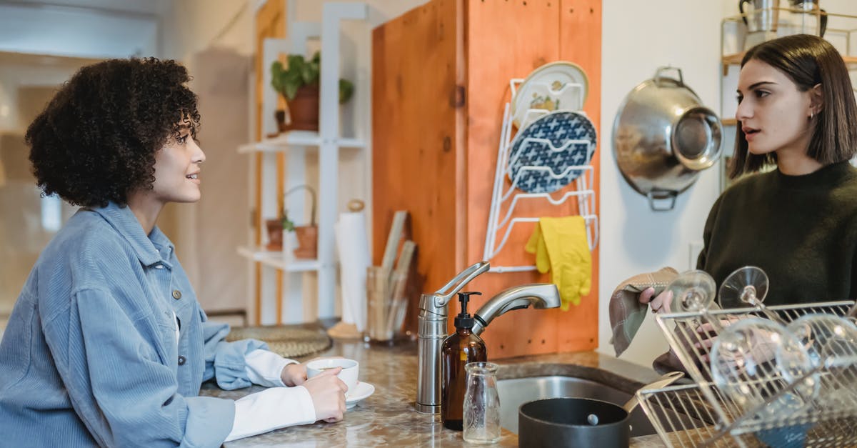 Pressure Plates and Chat [duplicate] - Young happy friends speaking while having cup of coffee and drying dishes in kitchen